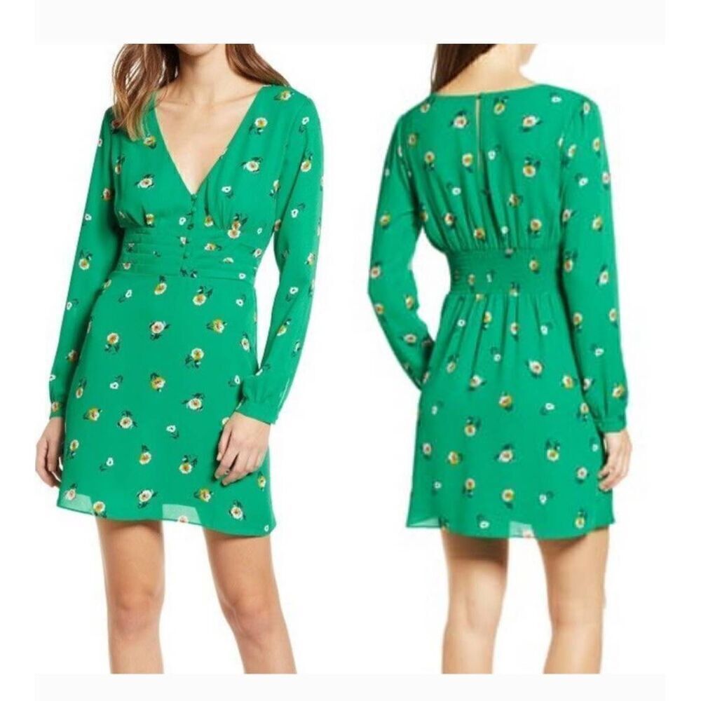 Socialite green floral long sleeve, V- neck, pleated waist fit and flare dress,